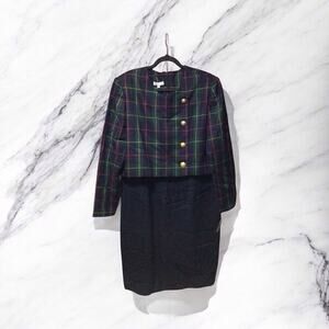 Vintage Talbots Wool Blend Navy Plaid Dress Suit Size 16 Formal Business Career